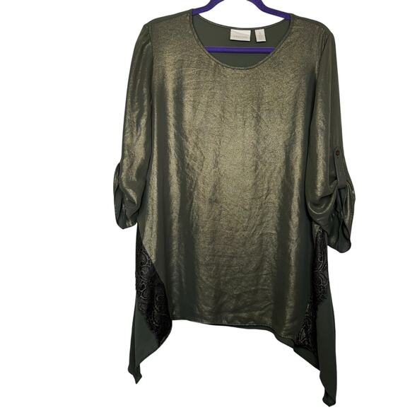 Chicos Olive Green & Gold Shimmer short sleee tunic with assymetrical hem Medium - Picture 2 of 9